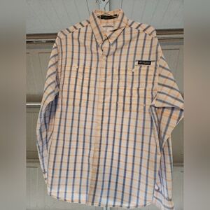 Columbia Men's Blue and Orange Plaid Shirt